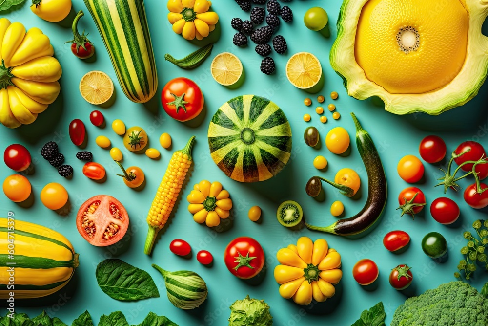 Sticker colorful assortment of fresh fruits and vegetables on a blue background. Generative AI