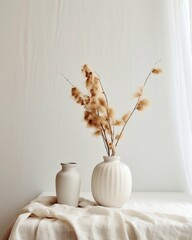 Cream White Vase with Dried Flowers on a White Table. Generative ai
