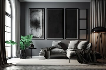 Interior space with four picture frames on the wall, no furniture, and a simple monochrome black and metallic silver color scheme. Generative AI