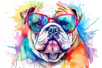 Cartoon colorful dog with sunglasses on a neon background. Created with generative ai