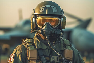 Fighter pilot at airfield on mission standby. Pilot Wearing Mask And Helmet. Generative AI