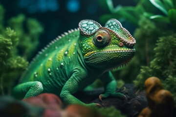 Green colored chameleon close up. Generative AI