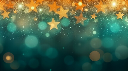 Vibrant abstract composition of stars, glittering lights and bokeh in warm orange and green gradient, celebratory atmosphere with effect of fireworks display sense of wonder and festivity. - obrazy, fototapety, plakaty