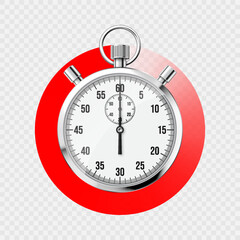 Realistic classic stopwatch. Shiny metal chronometer, time counter with dial. Red countdown timer showing minutes and seconds. Time measurement for sport, start and finish. Vector illustration