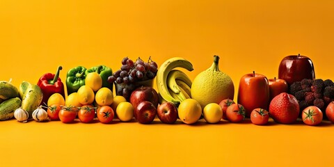 Various vegetables and fruits on a plain yellow background