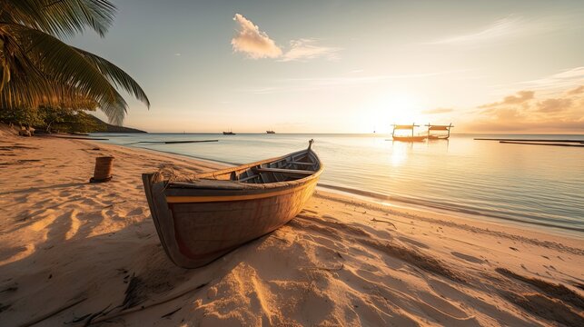 Lonely boat on a tropical beach on sunset 