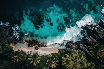 Fototapeta na wymiar an aerial view of a tropical paradise beach with palm trees. Generative AI