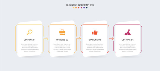 Timeline infographic with infochart. Modern presentation template with 4 spets for business process. Website template on white background for concept modern design. Horizontal layout.