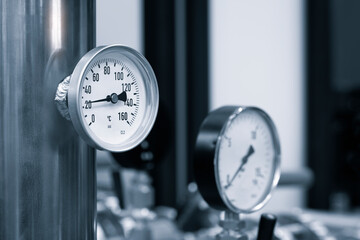 Industrial  concept. equipment of the boiler-house, - valves, tubes, pressure gauges, thermometer....