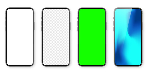 Smartphone with blank touch screen and abstract colorful wallpaper, green chroma key background. Frameless mobile phone in front view. High quality detailed device mockup. Vector illustration