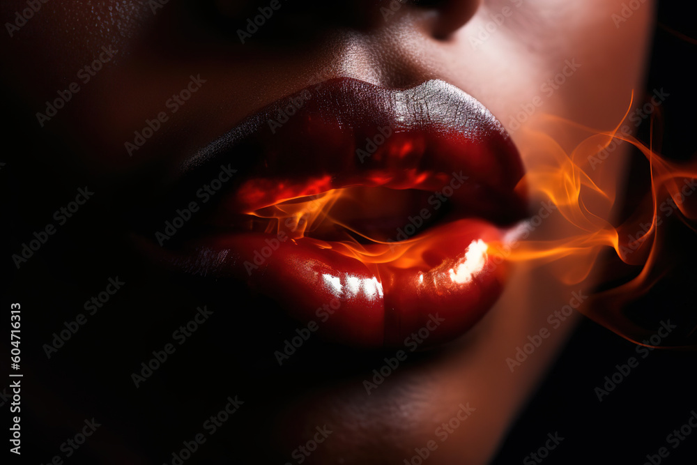 Wall mural  lips in flame fire of black woman, passion, love and sex on dark background, generative ai.