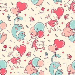 Seamless pattern with little adorable flying animals and balloons. Tile funny Birthday party background, pastel colors. Fun cartoon style characters. Gift wrapping paper, fabric design.