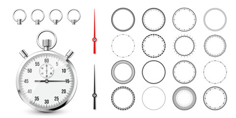 Naklejka premium Classic stopwatch with clock faces. Shiny metal chronometer, time counter with dial. Countdown timer showing minutes and seconds. Time measurement for sport, start and finish. Vector illustration