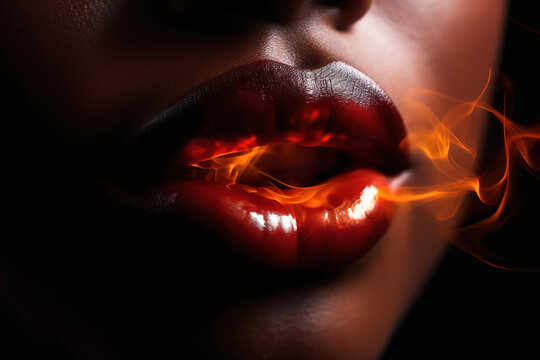  lips in flame fire of black woman, passion, love and sex on dark background, generative ai.