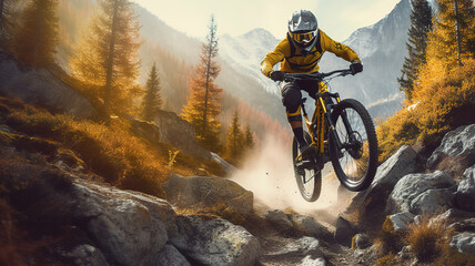 Obraz na płótnie Canvas The adrenaline-pumping action of a mountain biker soaring through the air off a massive jump. 