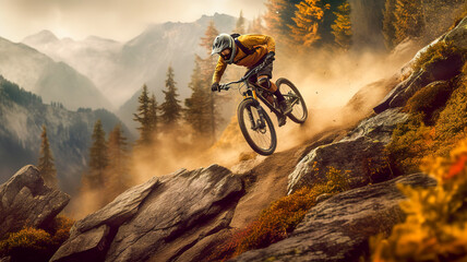 Fototapeta na wymiar Capture the adrenaline-pumping action of a mountain biker soaring through the air off a massive jump.