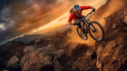 Fototapeta na wymiar Mountain biker tackling a challenging jump or drop-off. Freeze the action as the rider takes flight