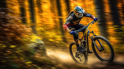 Fototapeta na wymiar Mountain biker on a fast downhill section of a trail. 