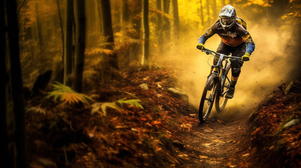 Fototapeta na wymiar Mountain biker on a fast downhill section of a trail. 