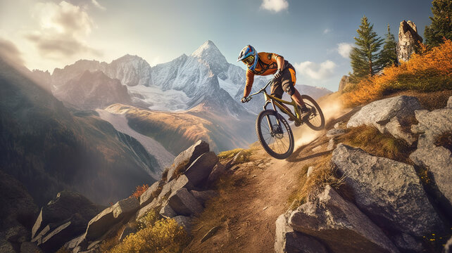 The adrenaline-pumping action of a mountain biker soaring through the air off a massive jump. 