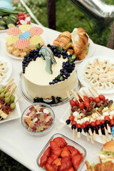 catering for the first birthday. holiday table with food and snacks, holiday table, rustic style concept, birthday picnic in nature
