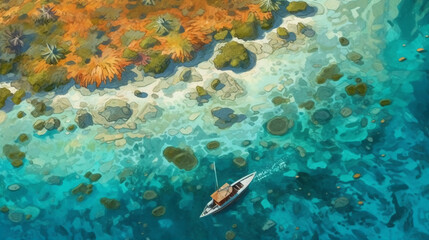 Naklejka premium An aerial shot of a tropical island's lagoon, with shallow turquoise waters and coral formations creating intricate patterns beneath the surface. AI generative