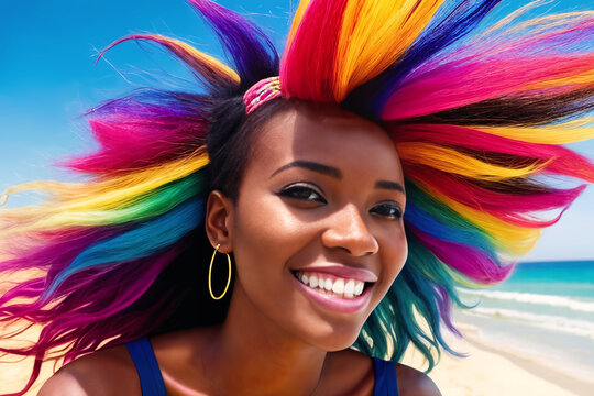 A young beautiful smiling african american girl with rainbow hair stands on the sea beach against the backdrop of ocean waves. The wind blows the hairstyle. Generative AI