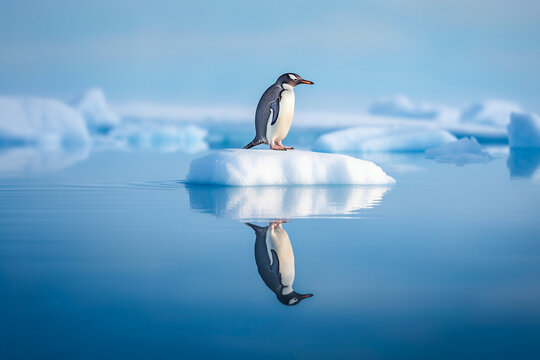 Pingouin, manchot, sur un bloc de glace d&eacute;tach&eacute; de la banquise, fonte des glaces, r&eacute;chauffement climatique - G&eacute;n&eacute;rative IA