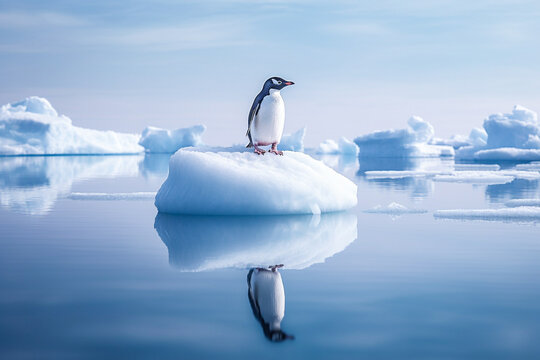 Pingouin sur un bloc de glace d&eacute;tach&eacute; de la banquise, fonte des glaces, r&eacute;chauffement climatique - G&eacute;n&eacute;rative IA