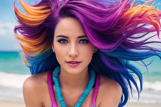 A young beautiful smiling girl in a colored swimsuit with rainbow hair stands on the sea beach against the backdrop of ocean waves. The wind blows the hairstyle. Generative AI