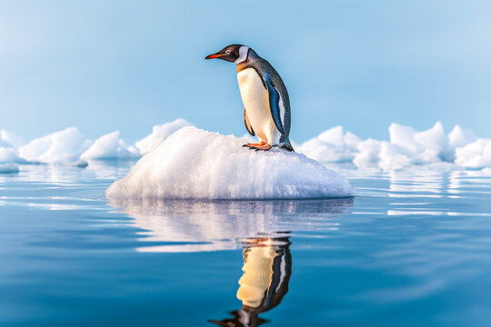 Pingouin sur un bloc de glace d&eacute;tach&eacute; de la banquise, fonte des glaces, r&eacute;chauffement climatique - G&eacute;n&eacute;rative IA