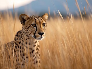 A majestic cheetah prowls the grassy savannah with determination and grace. - obrazy, fototapety, plakaty