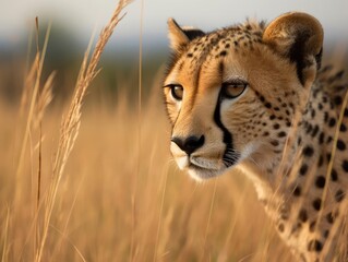 A majestic cheetah prowls the grassy savannah with determination and grace. - obrazy, fototapety, plakaty