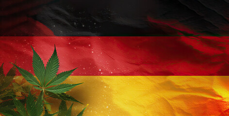 Hintergrunddesign von Hanfpflanzen (Cannabis) mit  Flagge der Bundesrepublik Deutschland im Hintergrund. (Generative AI)