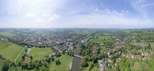 beautiful aerial view of Pangbourne, Village along River Thames in Berkshire, England
