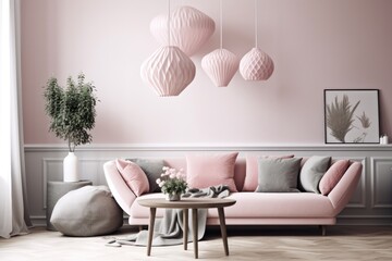 Interior with pink hanging lamps, a vase, and a sitting sofa with pillows. Generative AI