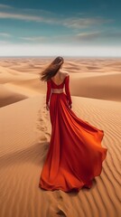 Fototapeta na wymiar Woman Walking Through Sand Dunes in a Red Dress. Generative ai