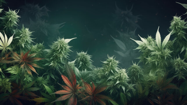 Hintergrunddesign von Hanfpflanzen (Cannabis) mit Bl&uuml;ten (Generative AI)