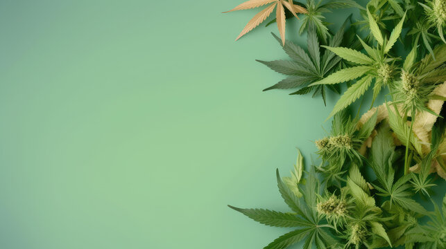 Hintergrunddesign von Hanfpflanzen (Cannabis) mit Bl&uuml;ten (Generative AI)