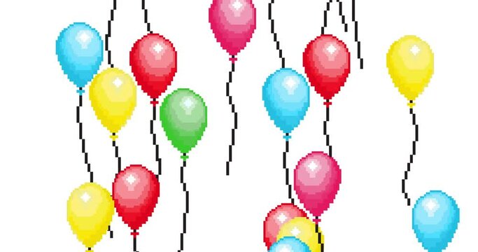 Pixel balloons flying up. 3D render, Pixel art 8 bit, video footage, loop animation