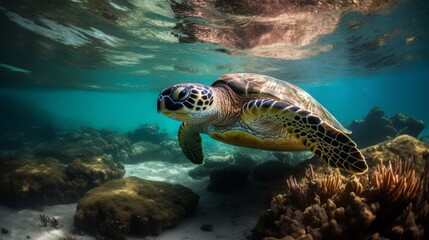 Underwater shot of a sea turtle , ai, ai generative, illustration