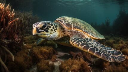 Fototapeta premium Underwater shot of a sea turtle , ai, ai generative, illustration