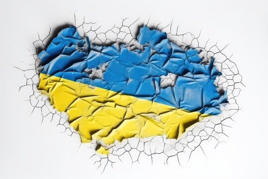 Fabric curved flag of Ukraine, UA. Blue-yellow colors. Close-up of the flag, background. generative ai