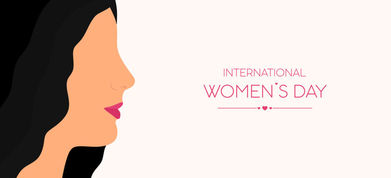 International Women's Day banner with woman face or Beautiful girl portrait. Design beauty spa salon header for poster and banner with place for text. Vector illustration