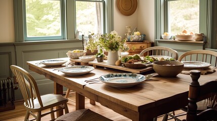 Rustic Farmhouse Dining Table. Old wooden table, old empty plates, silverware, glasses, wooden serving boards, linen napkins, woven coasters.