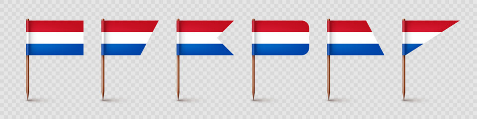Realistic various Dutch toothpick flags. Souvenir from Netherlands. Wooden toothpicks with paper flag. Location mark, map pointer. Blank mockup for advertising and promotions. Vector illustration