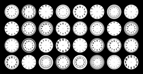 Mechanical clock faces, watch dial with numerals, bezel. Timer or stopwatch element with minute, hour marks and numbers. Blank measuring circle scale with divisions. Vector illustration