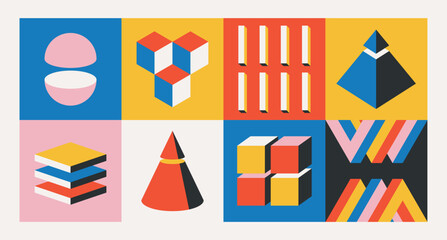 Geometric Bauhaus Pattern Showcasing Volumetric Figures, Highlighting The Interplay Of Shapes, Lines, And Angles