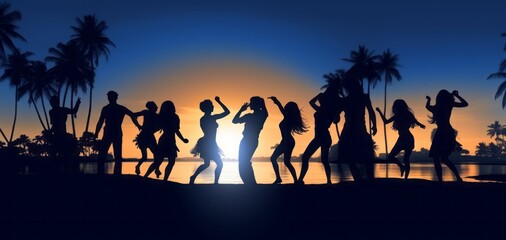 夕暮れのビーチで踊ったりジャンプする人々,Generative AI AI画像