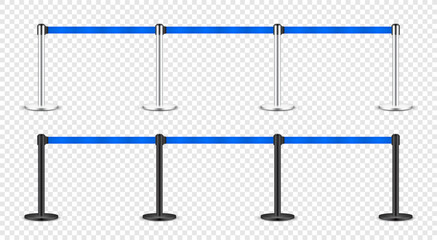 Realistic blue retractable belt stanchion. Crowd control barrier posts with caution strap. Queue lines. Restriction border and danger tape. Attention, warning sign. Vector illustration